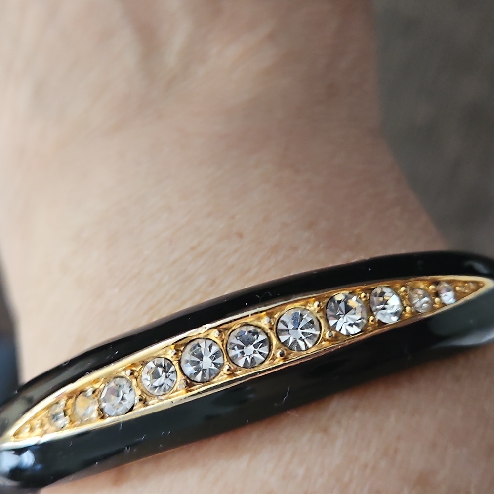 Joan Rivers Gold Tone Black Enamel Crystal Hinged Bangle Bracelet